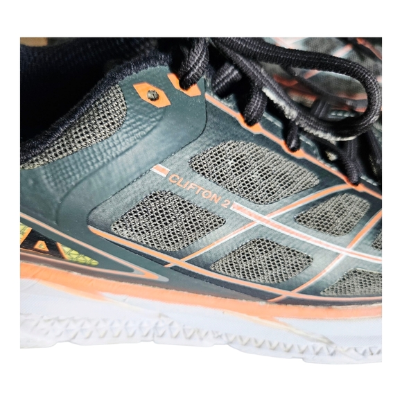 Women's Hoka One Clifton 2 Grey Neon Orange Athletic Sneaker Lace Up Size 9.5 - Picture 6 of 10